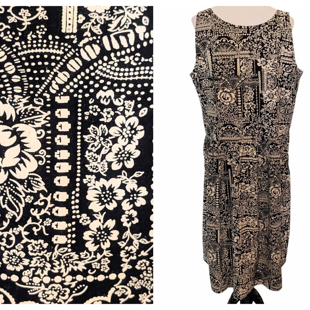 Adrian Jordan Vtg Womens Plus Size 18 Black Cream Floral Pockets Midi Sundress